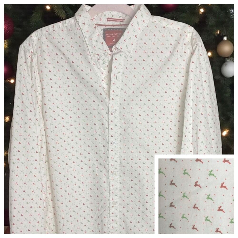 Denim & Flower Ricky Singh Holiday Reindeer Print Button Down Shirt XL